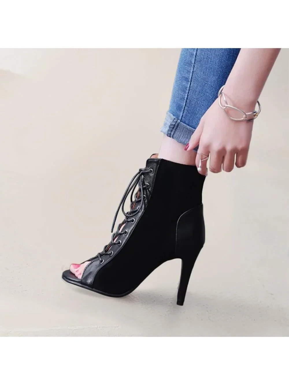Women's Black Suede Buckle Lace Up Mesh Sandal Peep Toe High Heel Ankle Boots